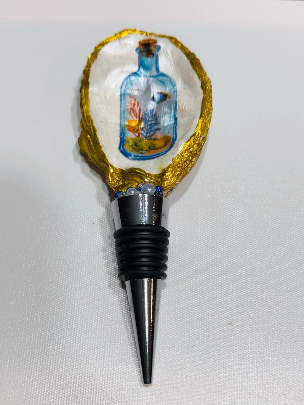 Gold-Trim Bottle Stopper with Blue Bottle Art —Handmade by Me